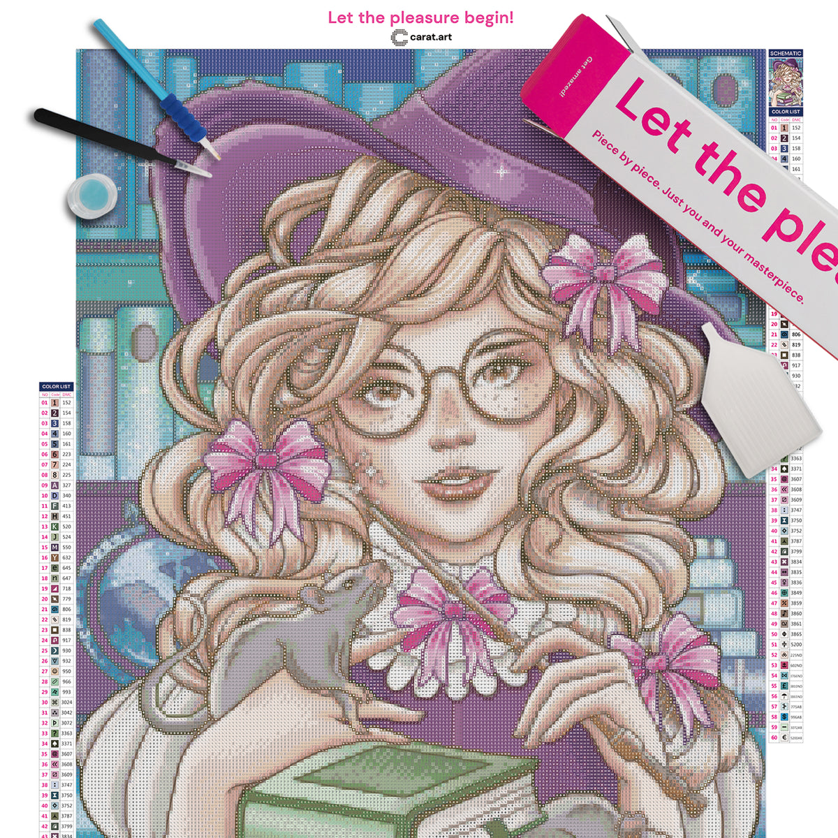 Diamond Painting Komplett-Set mit kleiner Hexe, zwei Ratten, Zauberstab und Bücherstapel in einer magischen Bibliothek auf Leinwand mit Diamond Painting Zubehör und cearat.com Box
