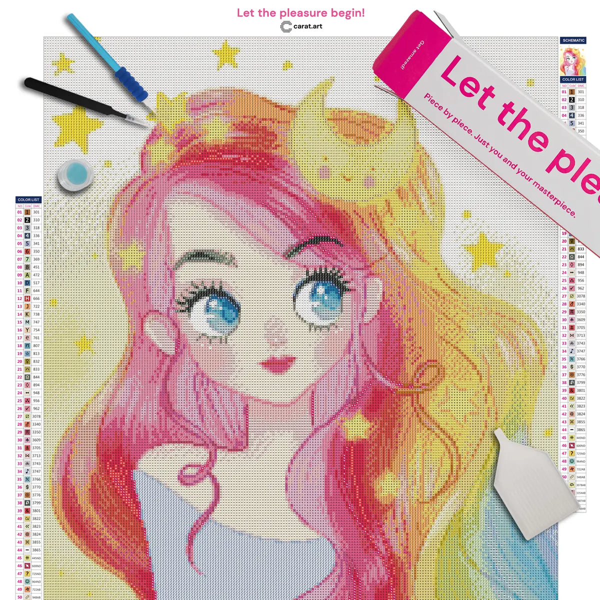 Diamond Painting Set mit Mädchenportrait, Regenbogenhaar, Mond und Sternen inklusive Leinwand, cearat.com Karton und hochwertigem Zubehör