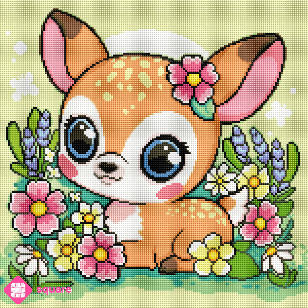 Diamond Painting Vorschau mit niedlichem Rehkitz und großen Augen inmitten einer farbenfrohen Waldwiese mit zahlreichen Blumen  in funkelnder Steinoptik als Render-Vorschau