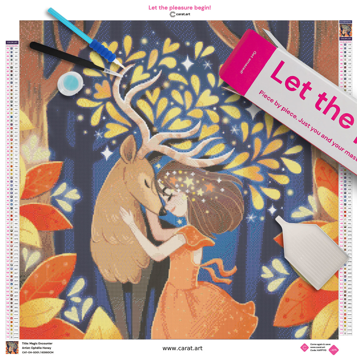 Premium Diamond Painting Set mit Fantasy Motiv von einem Mädchen und einem Hirsch im Wald und cearat.com Zubehör